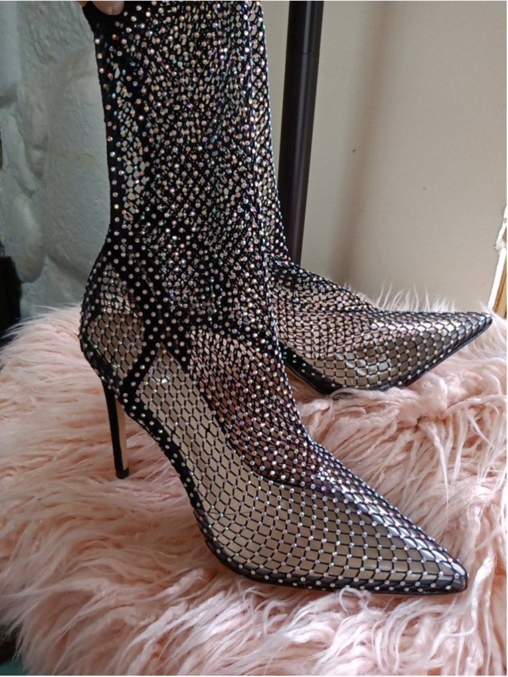 VAKILI Women's closed Toe Stiletto Heels Fishnet bootie by EGO See thru blingy